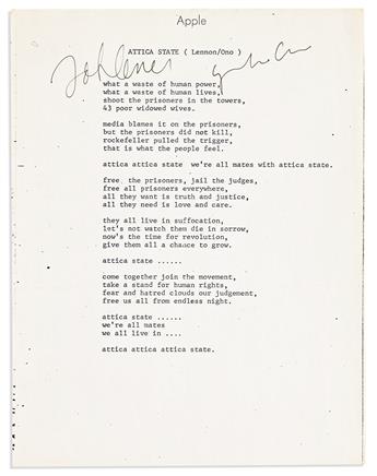 LENNON, JOHN; AND YOKO ONO. Printed lyric sheet for their co-authored song, "Attica State," Signed by both,